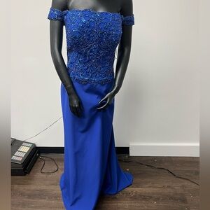 Mon Cheri size 12 royal blue off the shoulder beaded dress
